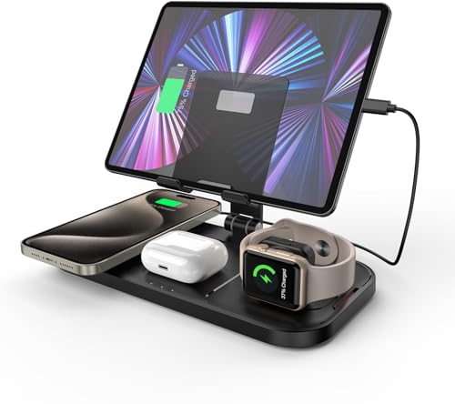 Wireless Charger for Apple, 4 in 1 Wireless Charging Station for iPhone 16/17/15/14/13/12/11, Charging Dock Station for Apple Watch 10/9/8/7/6/SE/5, Charger for AirPods 4/Pro, iPad Stand (Black)
