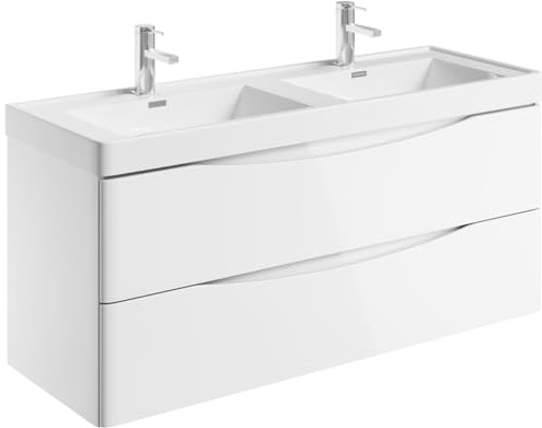Go Bathrooms Eaton 1200mm Wall Hung White Vanity Unit Includes Double Round Resin Basin Gloss Finish Bathroom Furniture Storage Sink Unit