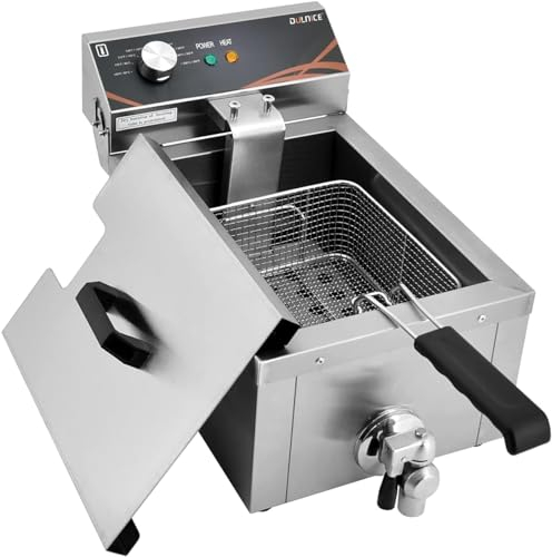 DULNICE Commercial Electric Deep Fat Fryer 6L with Oil Valve, 3000W Stainless Steel Deep Fryer with Basket & Lid, Countertop Chip Fryer for Kitchen Home