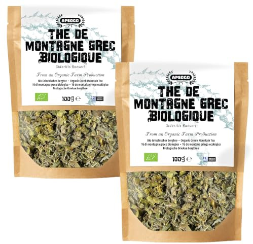 Apsogo Thé des Montagnes Grec Bio - Sideritis en Vrac, 100g (2-pack) | Origine unique du Péloponnèse - thé de montagne grec en vrac, feuilles, fleurs et tiges entières, sans caféine.