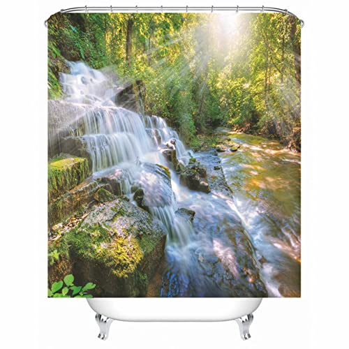 Whoiy Shower Curtain Green, Duschrollo Anti Schimmel 90X180cm Polyester Shower Curtains Wasserfall Bäume Waschbar Wasserdicht