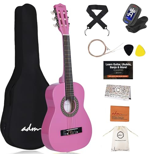 ADM Chitarra da concerto per principianti, 1/4, con accordatore a clip, tasca, cinghia, corde e plettri aggiuntivi, rosa