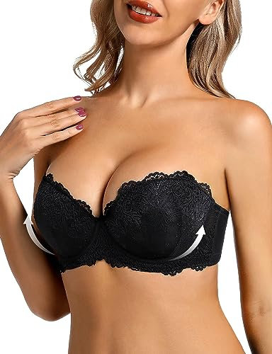 YANDW Trägerloser Stark Gepolsterter Push Up Spitzen BH mit Multiway Transparenten Trägern Trägerlos Damen Balconette BHS Schwarz,34B