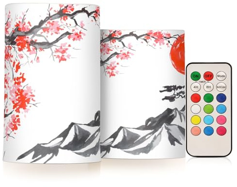 Quteprint Lot de 2 bougies LED sans flamme avec minuterie à distance vacillante, fleurs de cerisier japonais, à piles, pour la maison, la salle de bain, Halloween, Noël