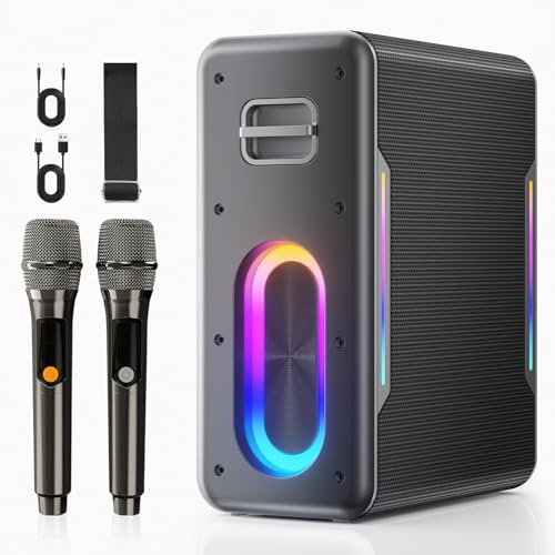 Zeelink - Máquina de karaoke con dos micrófonos inalámbricos, potente altavoz Bluetooth portátil de 150 W para fiestas, 24 horas de reproducción con batería de alta capacidad de 15000 mAh, luces LED,
