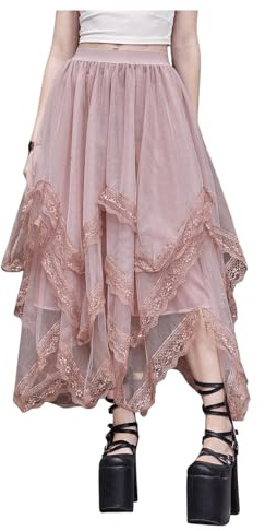 SHENHE Women's Lace Trim Layered Mesh Tulle Skirt High Waist Asymmetrical Long Goth Skirt Dusty Pink M