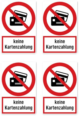 Aufkleber: 112.5x75 mm, 4 Stück - Keine Kartenzahlung - Verbotszeichen mit Text (deutsch) (rot/weiß) - hochkant - DIN EN ISO 7010 / ASR A1.3