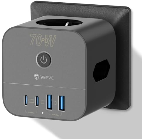 VEFVE Ciabatta cubica da 70 W con caricatore USB-C, presa multipla 7 in 1 con interruttore, tecnologia GaN per ricarica rapida, compatibile con laptop, telefoni cellulari, adatta a casa, ufficio e via