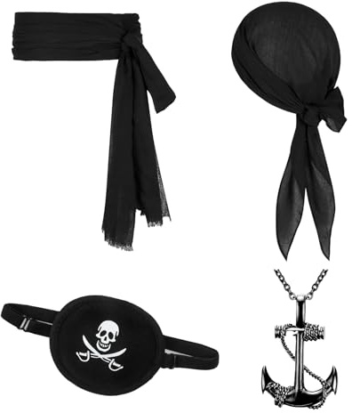 FUIPVGI 4 Stück Piratenkapitän Kostümzubehör,Piratenkostüm,Piratengürtel und Bandana,Renaissance-Kapitän-Piratenkostüm,Piratenzubehör für Erwachsene und Kinder,Halloween-Piratenparty (Schwarz)