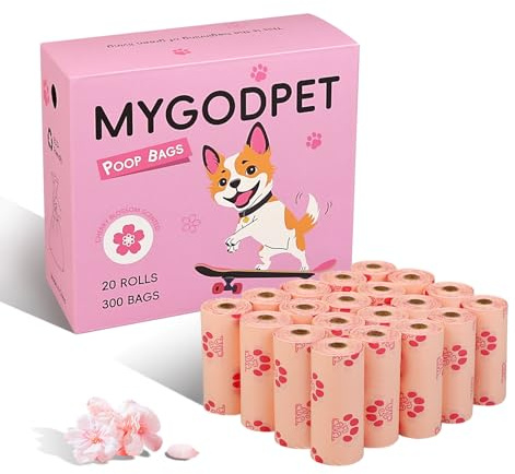MYGODPET 300 Stück Hundekotbeutel Rollen, biologisch abbaubare Kotbeutel für Hunde, Kirschblütenduft, auslaufsichere Katzenkotbeutel, Rosa