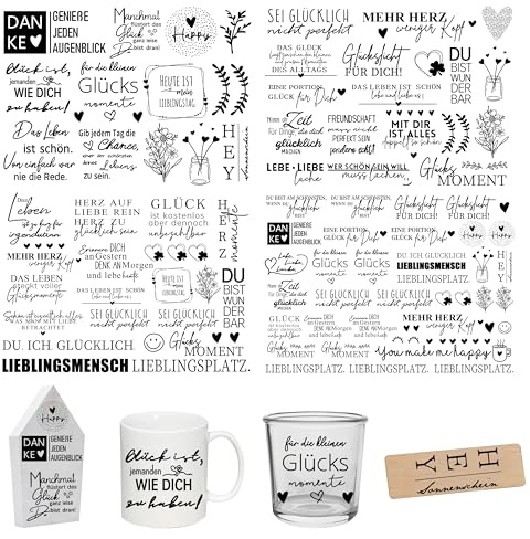 FloraVigo Rub On Sticker ca.A5 19x14cm-Spruch Deko zum Geburtstag, Keraflott, Hochzeit, Zuhause, Wischfolie für Möbel, Glas, Holz, Fotoalbum, DIY Deko, Aufkleberästhetik(4PCS) (SCHÖNE SPRÜCHE)