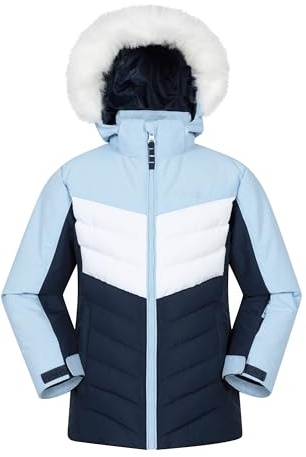 Mountain Warehouse Arctic Padded Kids Ski Jacket - Water Resistant, Breathable, Integrated Snowskirt, Detachable Hood, Faux Fur -For Snowboarding, Winter Sports Pale Blue Kids Size 7-8 Years