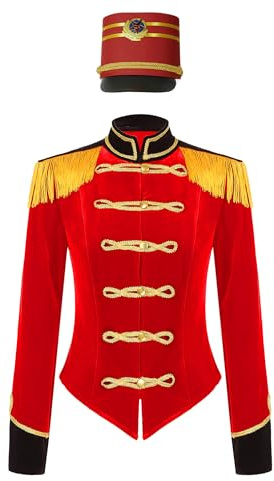 MSemis Disfraz de Maestro de Ceremonias para Mujer Uniforme de Guardia Chaqueta Terciopelo de Manga Larga con Flecos + Sombrero Disfraz Domadora de Circo Ringmaster S-3XL Rojo C M