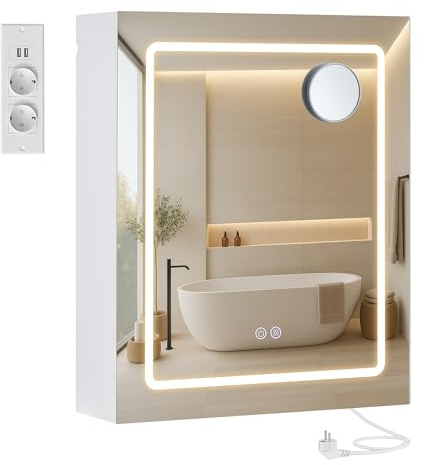 VASAGLE Kailyn Collection - Armoire Murale Salle de Bain avec Miroir, avec LED, Multiprise, Fonction Anti-buée, Miroir Grossissant 10x, Style Moderne, 16,5 x 50 x 60 cm, Blanc BBK133W01