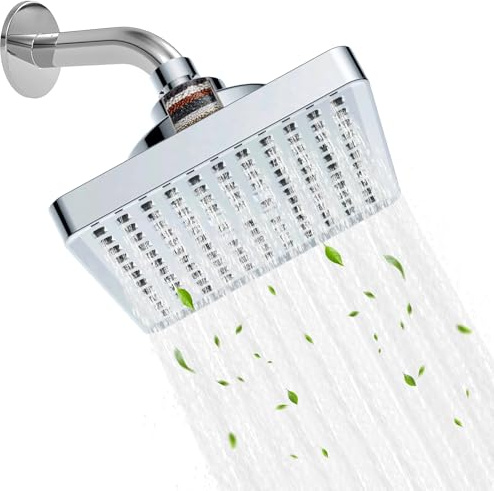 VivaLox Soffione doccia filtrato, ad alta pressione, soffione doccia a pioggia da 15,2 cm, soffione doccia quadrato con sfera girevole, cromato