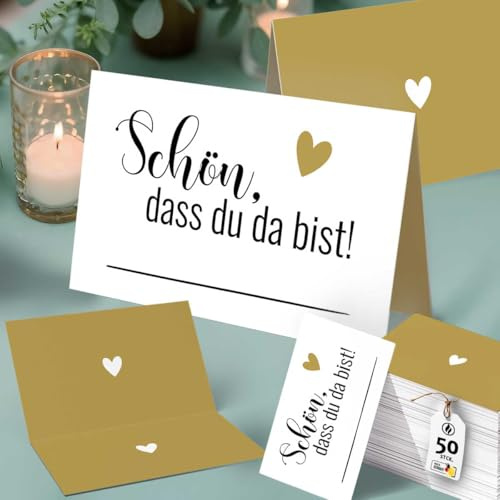50x Tischkarten Schön dass du da bist beige-gold – elegante Platzkarten für Hochzeit, Taufe, Kommunion, Geburtstag – stilvolle Gästebegrüßung & Tischdeko – hochwertig, aufstellbar