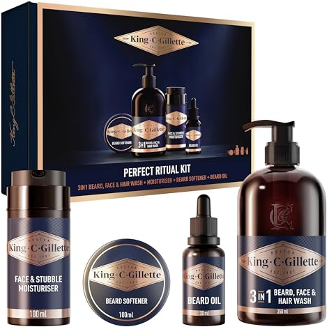King C. Gillette Kit da Viaggio per la Cura Perfetta della Barba degli Uomini, Cofanetto Regalo Uomo, include Lavaggio Barba, Viso e Capelli 3in1 + Idratante + Balsamo 60 ml