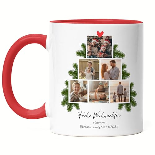 Kiddle-Design Weihnachtstasse Personalisiert mit eigenen Fotos, Familien Tasse zu Weihnachten mit Namen und Bildern Bedrucken, Frohe Weihnachten Fotogeschenk - Tasse Herzhenkel