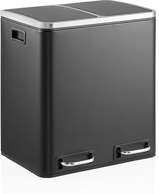 hjh OFFICE papelera 2x15L Clean IX sistema de separación de basura con 2 compartimentos, papelera con pedal y cierre suave, metal, negro