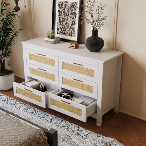 Ztexkee Cómoda de 6 Cajones 120 x 40 x 75cm, Comodas y Cajoneras Dormitorio, Cajonera para Salón, Comoda Dormitorio, Color Blanco y Madera Natural