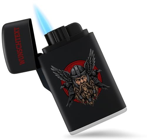 Feuerzeug Sturmfeuerzeug - Wikinger & Walhalla - Odin Raben eigener Text - Valhalla Vikinger Outdoor Geschenk personalisiert - 6,5 x 4 cm - Schwarz - Viking Lighter Vikings feuerzeuge Geschenke