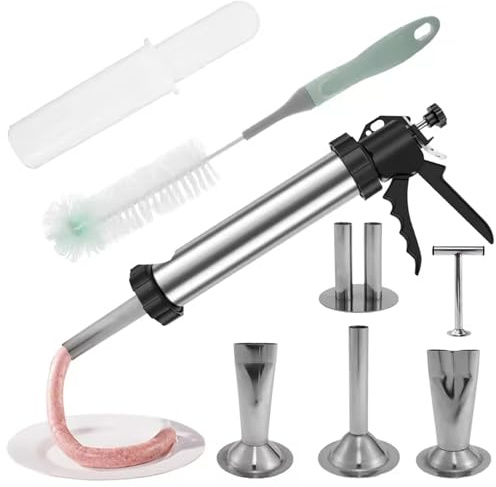 Lawnrden Jerky Gun for Ground Meat, Jerky Gun for Ground Meat, Stainless Steel Sausage Stuffer Kit with Nozzles & Cleaning Brushes for DIY Cooking, Meal Prepping