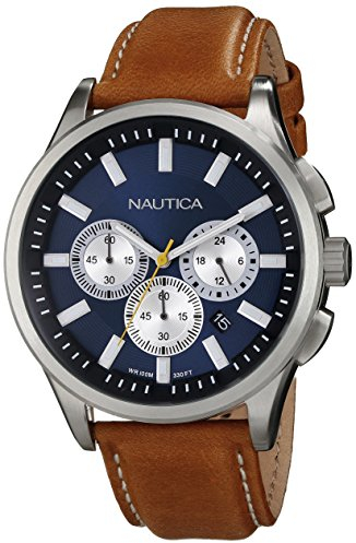 Nautica N16695G NCT 17 Reloj de Acero Inoxidable Cepillado con Correa marrón, Correa marrón, Reloj de Cuarzo para Hombre, Banda marrón, Reloj de Cuarzo
