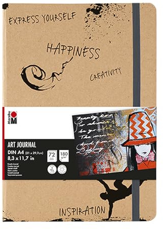 Marabu 1612000000101 - Notebook Art Journal, 180 g/qm, 72 Blatt, DIN A4, naturweiß, Papier fein gekörnt, matt, säurefrei, lichtbeständig, hochwertige Fadenbindung und Falttasche innen