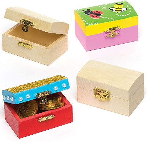 Baker Ross ET127 Mini Wooden Jewellery Box Treasure Chests, Creative Arts and Crafts for Kids (Pack of 4), 8cm x 5cm