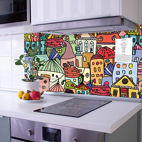 banjado Küchenrückwand Glas ohne Bohren 100x50cm – Glasrückwand Küche mit Motiv Funky Town/Spritzschutz Küchenrückwand Glas/selbstklebende Küchenrückwand Platte - magnetisch & beschreibbar