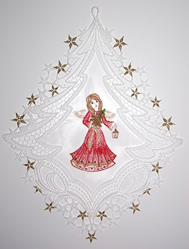Plauener Spitze Fensterbild Weihnachten Voile Tannenbaum Stickerei Engel 25x34 cm + Saugnapf (Rot)