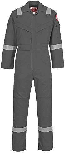 Portwest FR28 Leichter Antistatischer Overall Flammhemmend 10 Taschen | Grau, XL, EN ISO 11611, EN ISO 11612, EN 1149-5, Baumwolle, Elastische Rückenfalte, Antistatisch, Knieschonertaschen