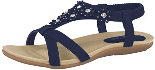 Jo & Joe Ladies Faux Leather Peep Toe Sling Back T-Bar Flower Fashion Flat Diamante Flip Flop Sandals Size 3-8 (UK 4, Navy)