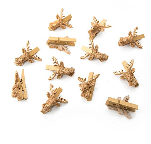 Hirschkopf Klammern Gold 4,5 cm – 12 Stück Tischdeko Weihnachten & bayerische Deko – Deko-Klammern aus Polyresin – Logbuch-Verlag