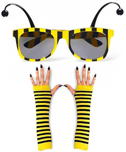 Mega_Jumble® Vuxna humla skönhet humla bi, damer gula och svarta resor kvinnor maskeradkit fingerlösa bihandskar + bi-glas med antenner, Gul-svart, en storlek