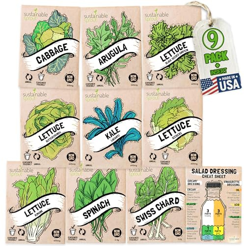 Lettuce Seeds for Planting: 9 Salad Greens Seed Packets, Hydroponics Heirloom Lettuce Bibb Romaine Kale Spinach Cabbage Swiss Chard Arugula Vegetables Variety Pack 100% Non-GMO by Sustainable Sprout