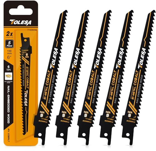 Tolesa Lama per sega alternativa, lama bimetallica con cobalto, 150 mm 6TPI, per taglio il legno chiodato, 5 pezzi