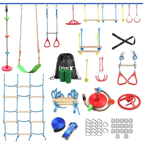 Ninja Obstacle Course for Kids Backyard - 10 Durable Obstacles and 60' Slackline - Outdoor Warrior Obstacle Playset Equipment with Gymnastic Ring, Rope Ladder, Ninja Wheel, Climbing Rope Swing