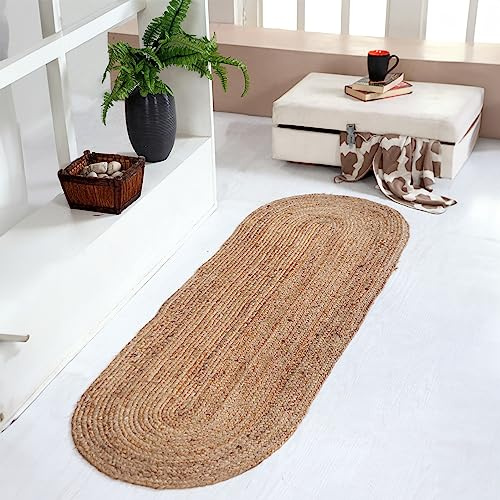 Dhaka Tappeto runner ovale medio, intrecciato a mano, in iuta naturale, 60 x 180 cm