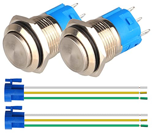 GUUZI 2 pezzi 16MM Interruttore a Pulsante in Metallo Impermeabile a Scatto in Acciaio Inossidabile 12V 24V 36 DC 110V 250V AC 3A 1NO + 1NC SPST (Testa Piatta Alta)