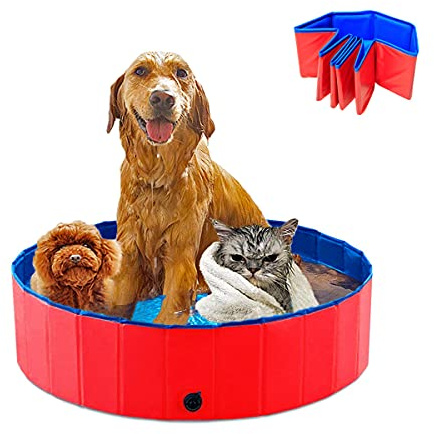 Dog Bath Tub Dog paddling pool foldable pet dog pools puppy paddling pool PVC Round Shape Bathing Tub playing pool for Pets Indoor/Outdoor (80 * 20cm,Red)