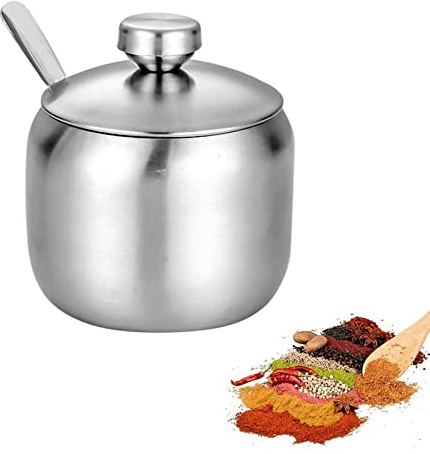 Edelstahl Zuckerdose mit Deckel Gewürzgläser mit Löffel & Deckel Zuckerdose Klein Gewürzdose Salz Schüssel Zucker Schüssel mit Löffel und Deckel für Zuhause, Bar, Kaffee, Zucker, Salz, Pfeffer,Gewürze
