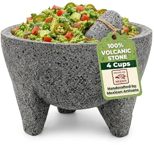 YOPIDO MX, Mörser und Stößel Set Rührschüsseln Knoblauchwolf mexikanisch handgefertigt mit hochwertigem Lavastone, Pillenpresse und Gewürzmühle Molcajete 20,3 cm, Vulkanstein