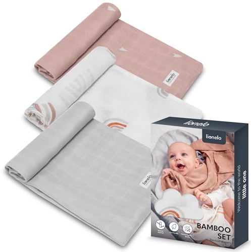 LIONELO Bamboo Box Muslindukar Baby 3-Pack 70x70 cm – 100% Bambu, Supermjuk & Andningsbar, Termoreglerande, Tvättlappar & Filtar, Hypoallergen, Multifunktionell För Nyfödda Från 1 Dag – Rainbow Set