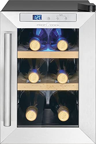 Frigorifero per vino ProfiCook® per 6 bottiglie, con porta in vetro resistente ai raggi UV, con illuminazione a LED e 3 livelli di stoccaggio, di cui 2 rimovibili, 11-18°C, 17L - PC-WK 1231