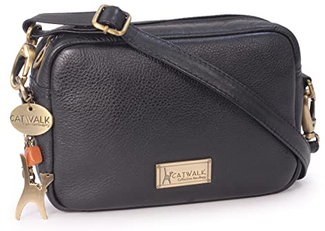 Catwalk Collection Handbags - Borsa a Tracolla Piccola in Vera Pelle - Borsetta Donna - Borsa a Mano con Tracolla Regolabile - Polly - Nero
