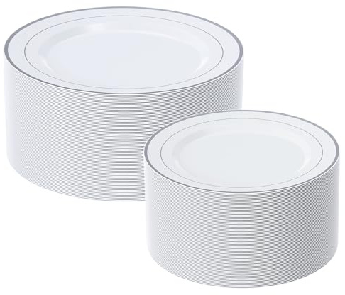 FOCUSLINE Silver Plastic Plates Set of 60, Disposable Plates with Silver Rim 30 Dinner Plates 10 and 30 Salad Dessert Appetizer Plate 7, Elegant Fancy Heavy Duty Wedding Party Plates