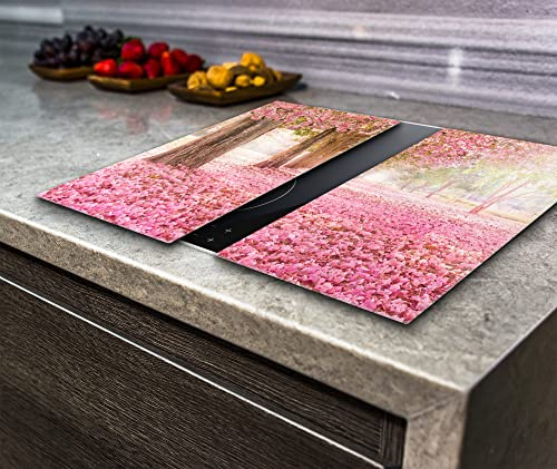 Hob Cover Chopping Board, Toughened Glass, Pink Trees , Set of 2 , Va Art Glass (2X Wide 30 x Height 52/cm)
