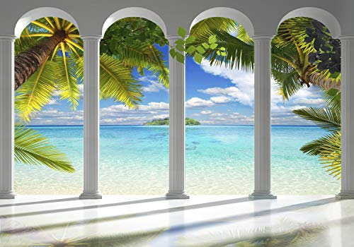 decomonkey Premium Fototapete Meer Insel 400x280 cm XL Tapete Fototapeten Vlies Tapeten Vliestapete Wandtapete moderne Wandbild Wand Schlafzimmer Wohnzimmer Architektur Palmen Tropisch