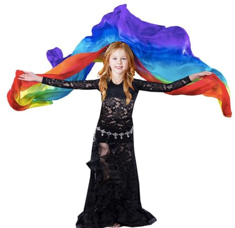 TMZAQH Handgefertigter Bauchtanz-Schleier für Mädchen, Seide, Bauchtanz, Schleier, abgestufte Farben (Regenbogen)